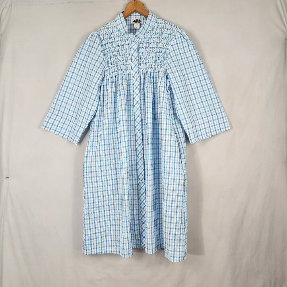 Metropolitan Womens Housecoat Blue Gingham Seersucker Snap Front Sz Small Pocket